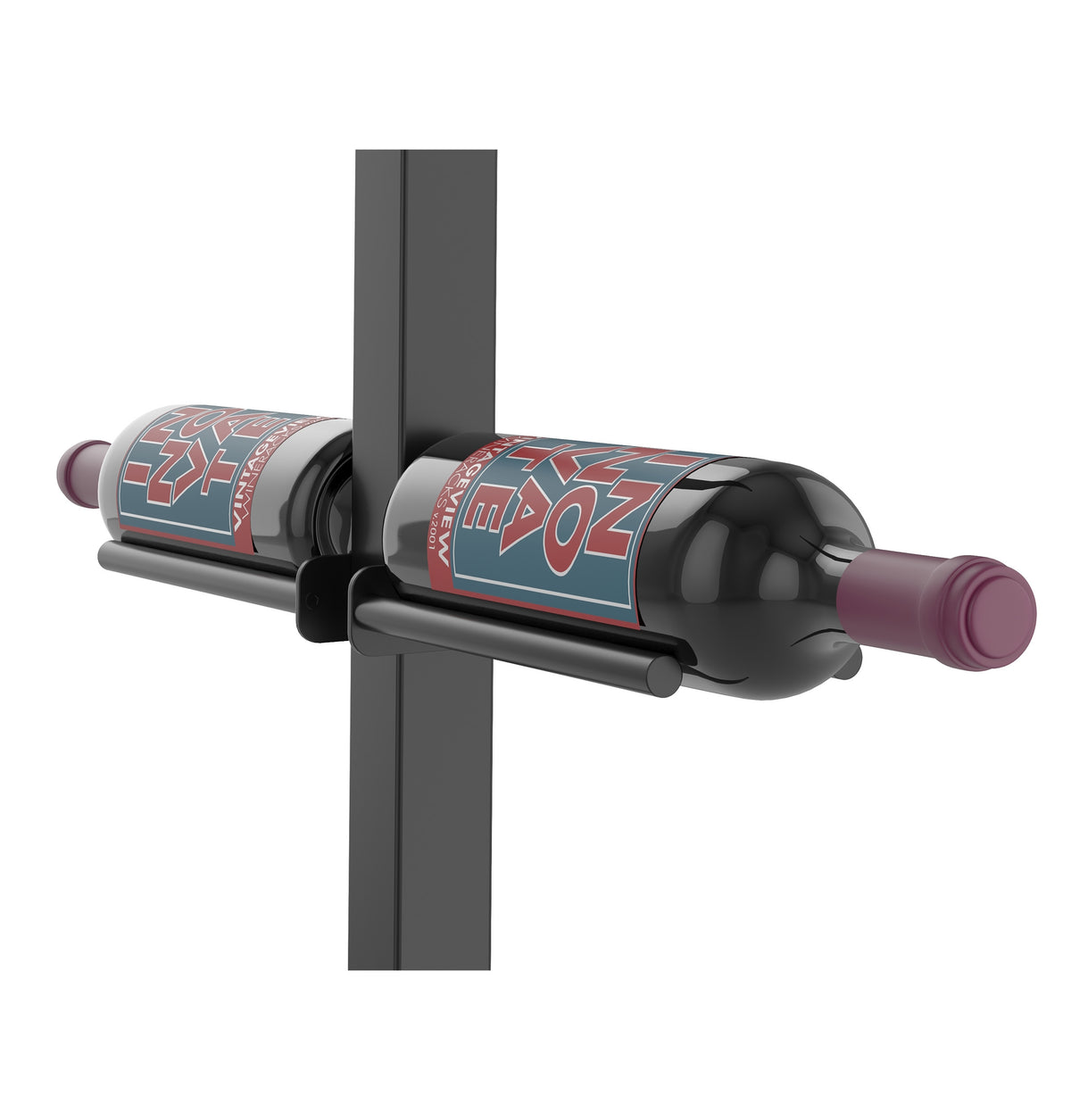 Double-sided wine rack post kit with matte black rails holding two wine bottles on dark post