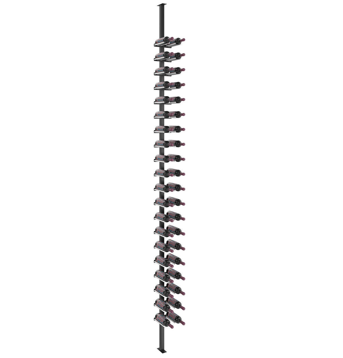 Single-sided wine bottle rail system with dark metal post and bottle holders