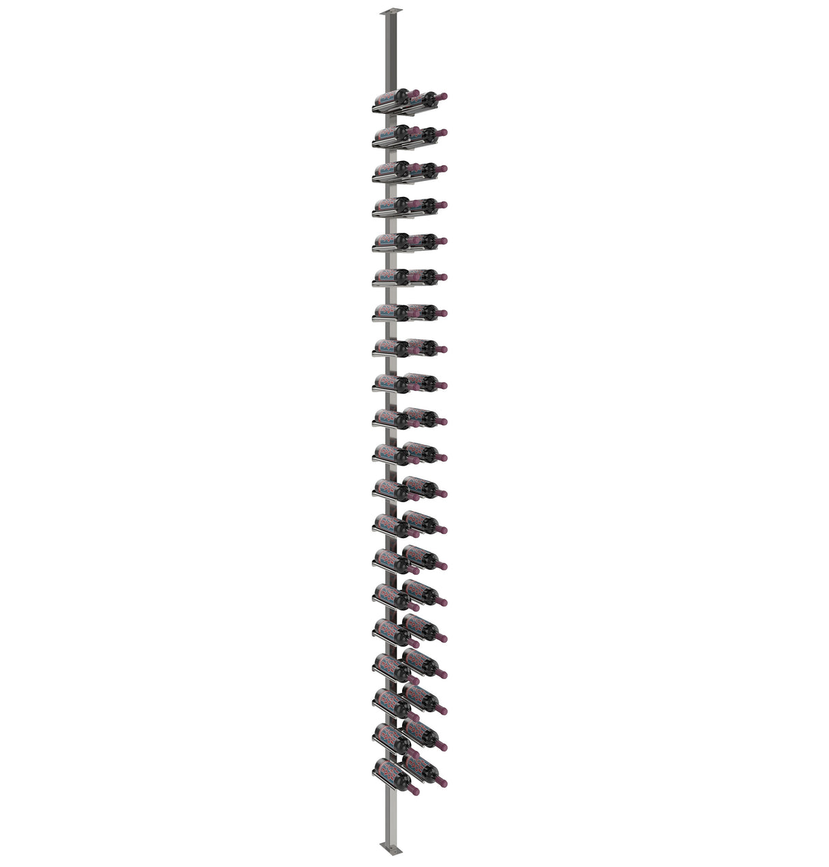 Single-sided wine rail post kit with dark rail and full-length vertical bottle holder row