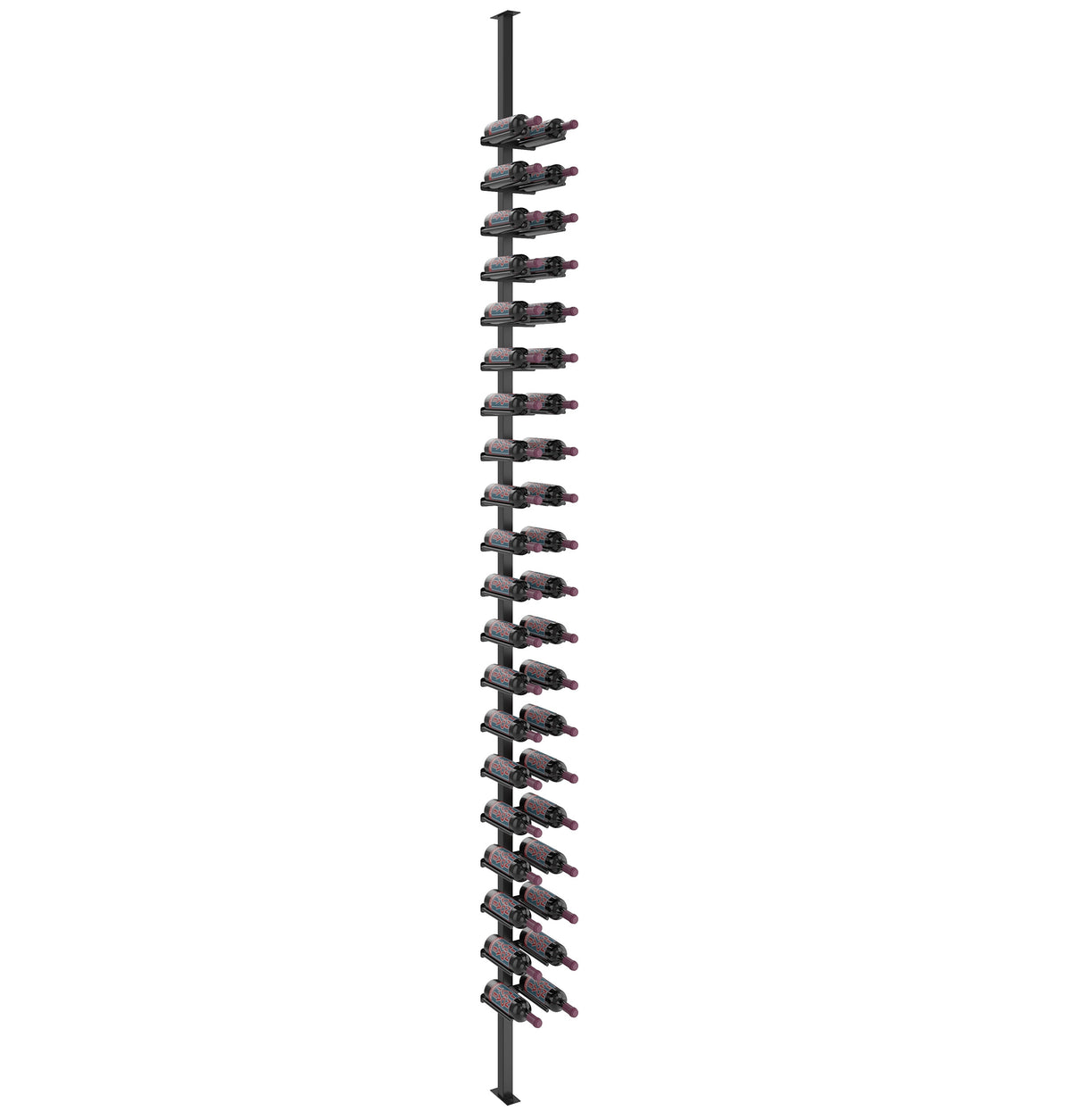 Single-sided wine rail post kit with dark vertical posts and many bottle holders