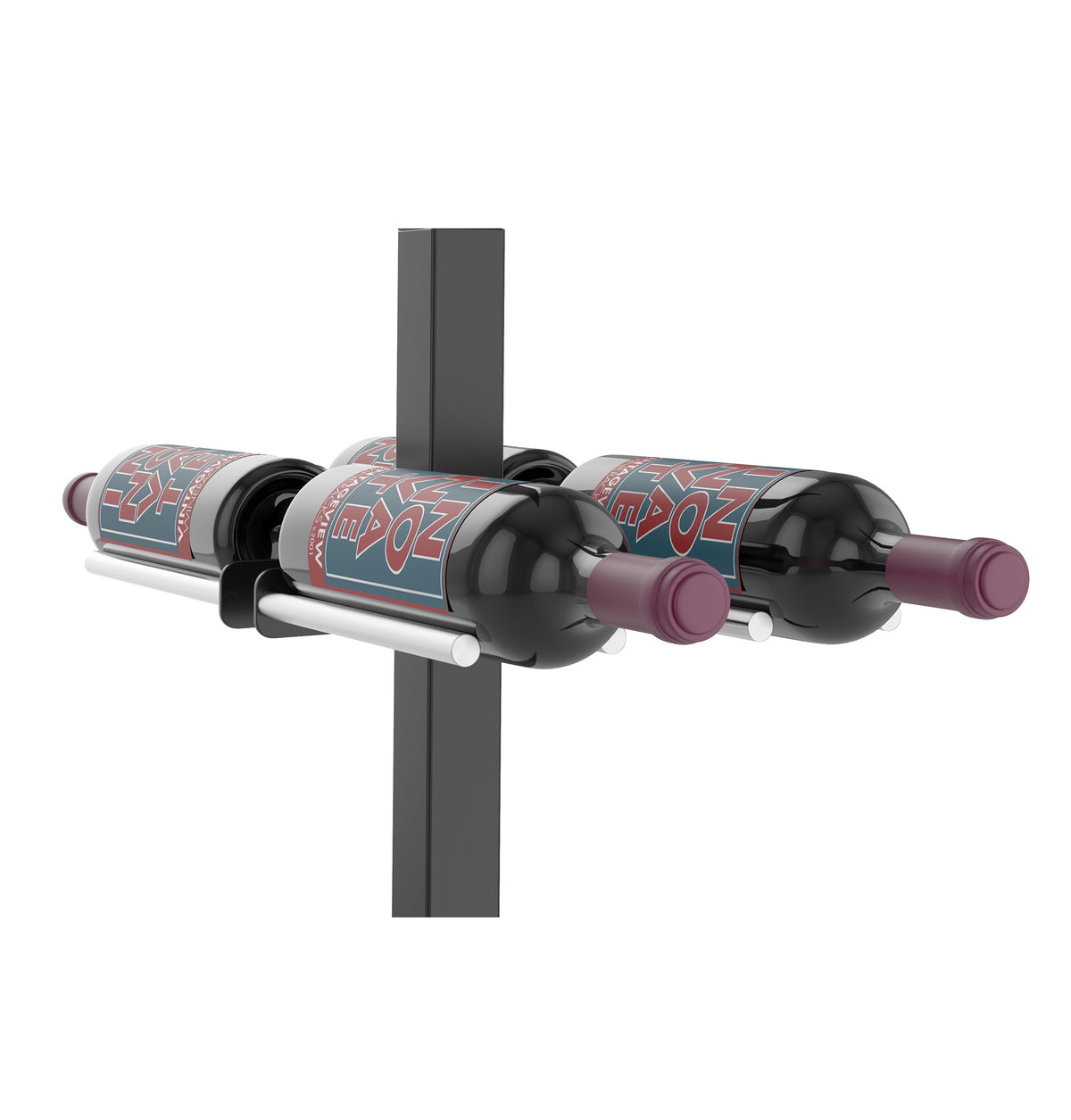 Double-sided wine rack post kit with matte black rails holding two wine bottles on dark post