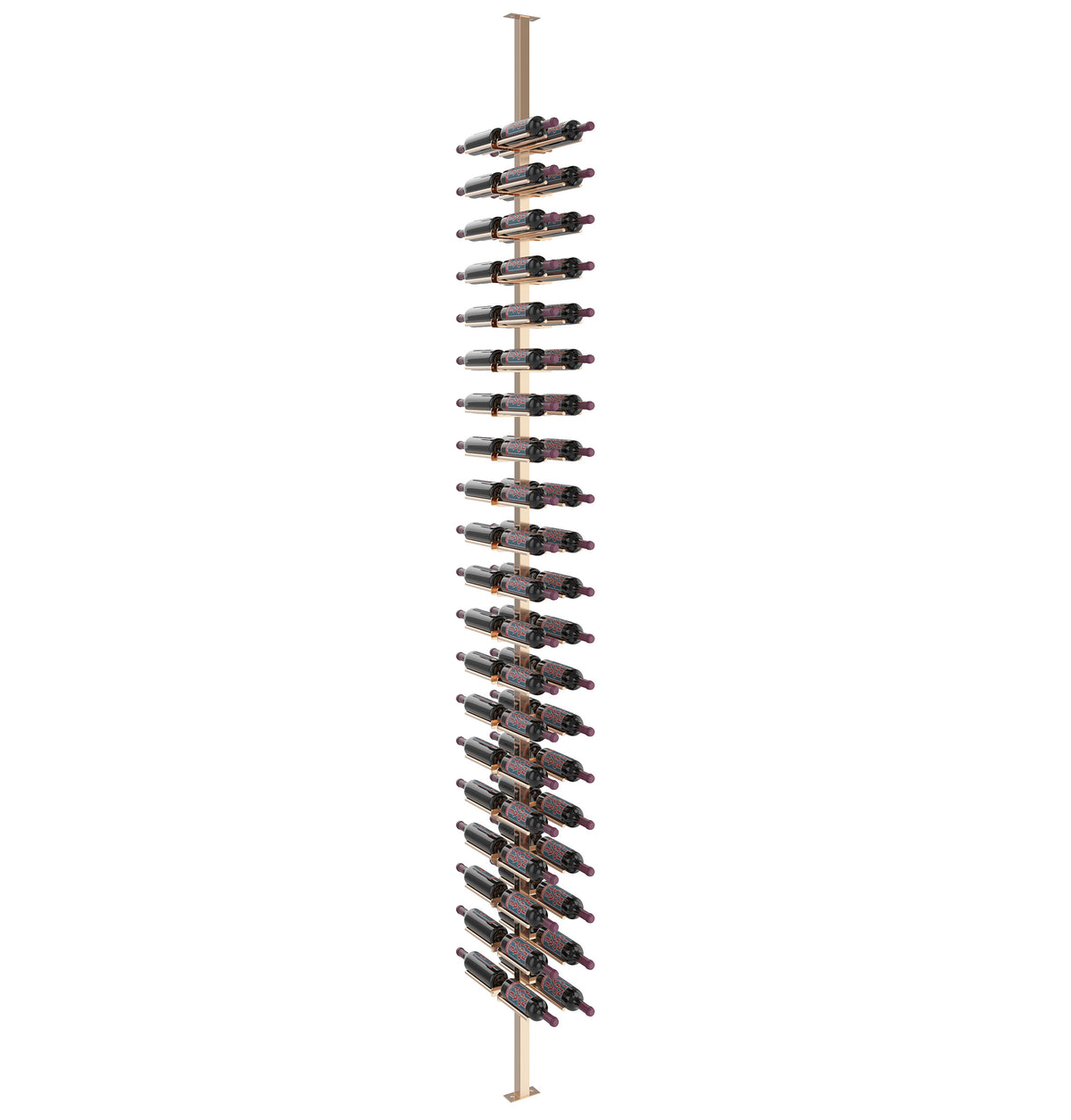 Double-sided standing wine bottle rack with light wood post and two-sided holders for many bottles