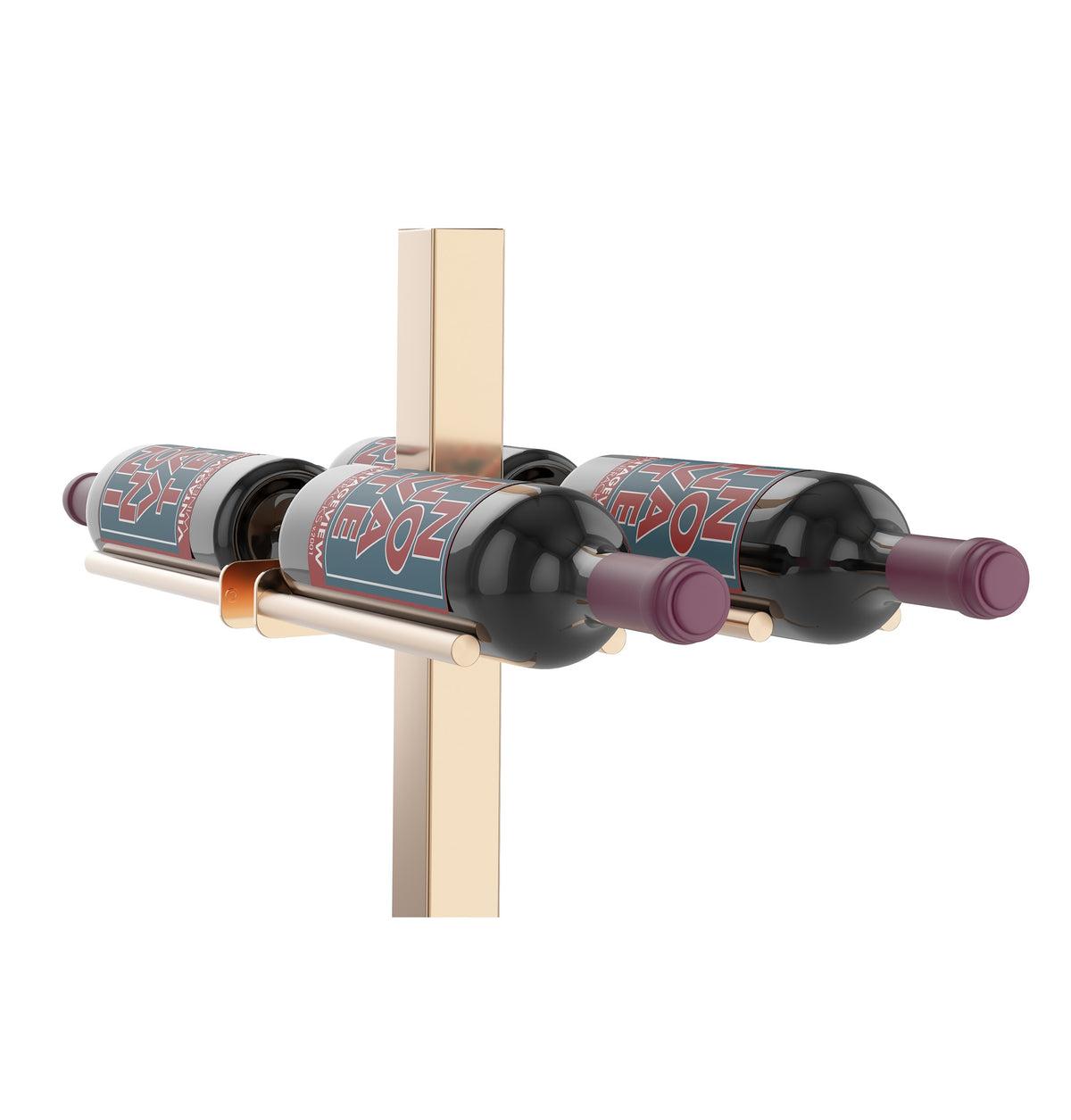 Double-sided bottle holder bar with black rails and bronze bracket, purple-cork bottles