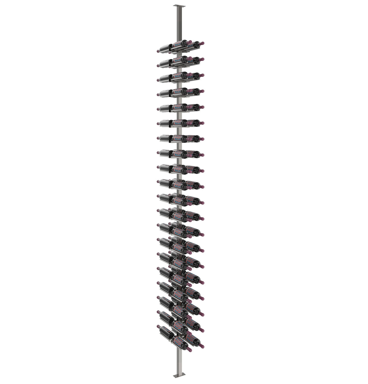 Double-sided wine bottle rack with black post and rails, bottles arranged in rows