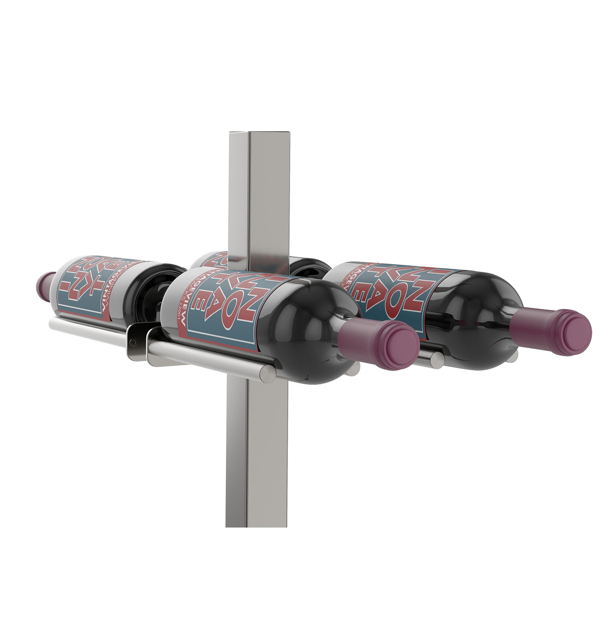 Double-sided wine rack post kit with matte black rails holding two wine bottles on dark post