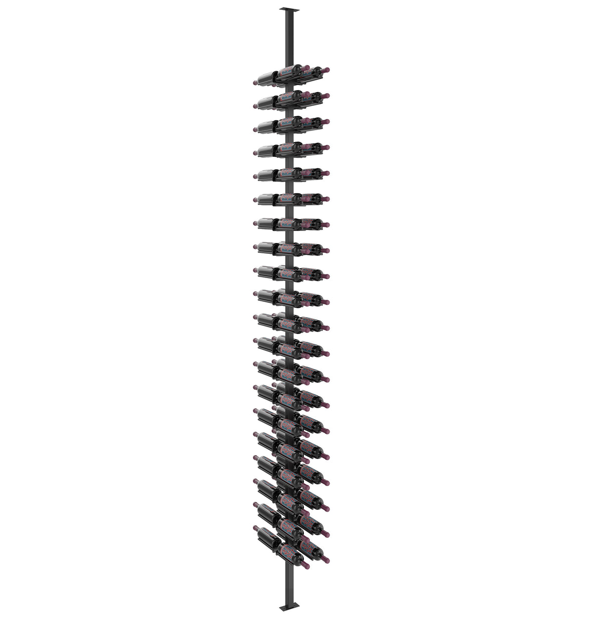 Double-sided standing wine bottle rack with dark post and two-sided bottle slots