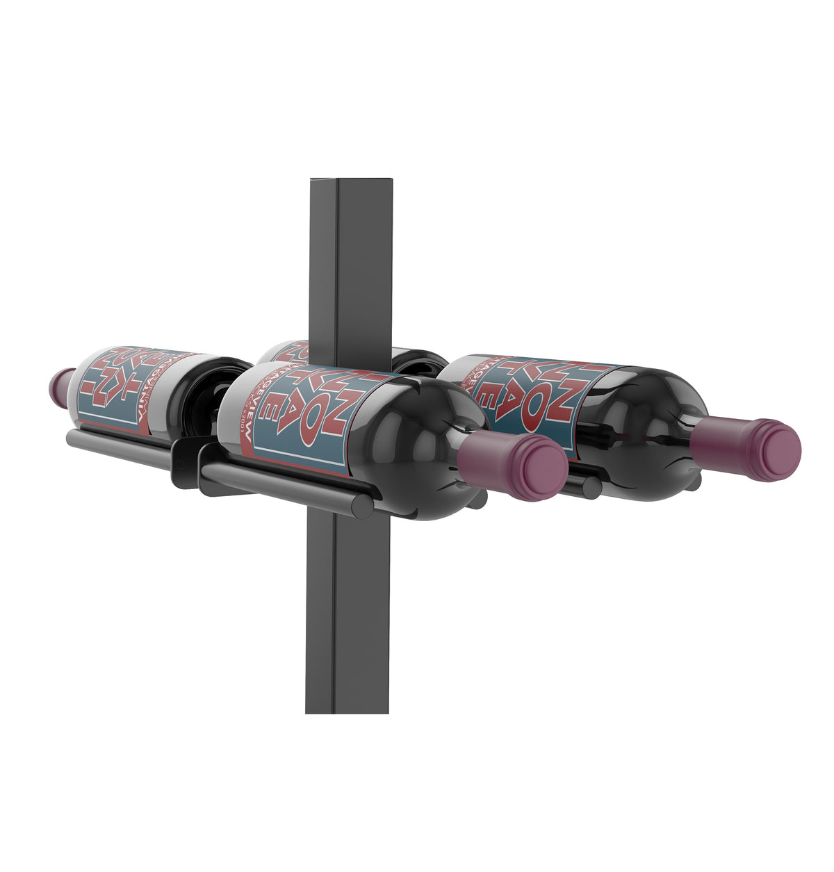 Double-sided bottle cradle on dark post with three wine bottles shown