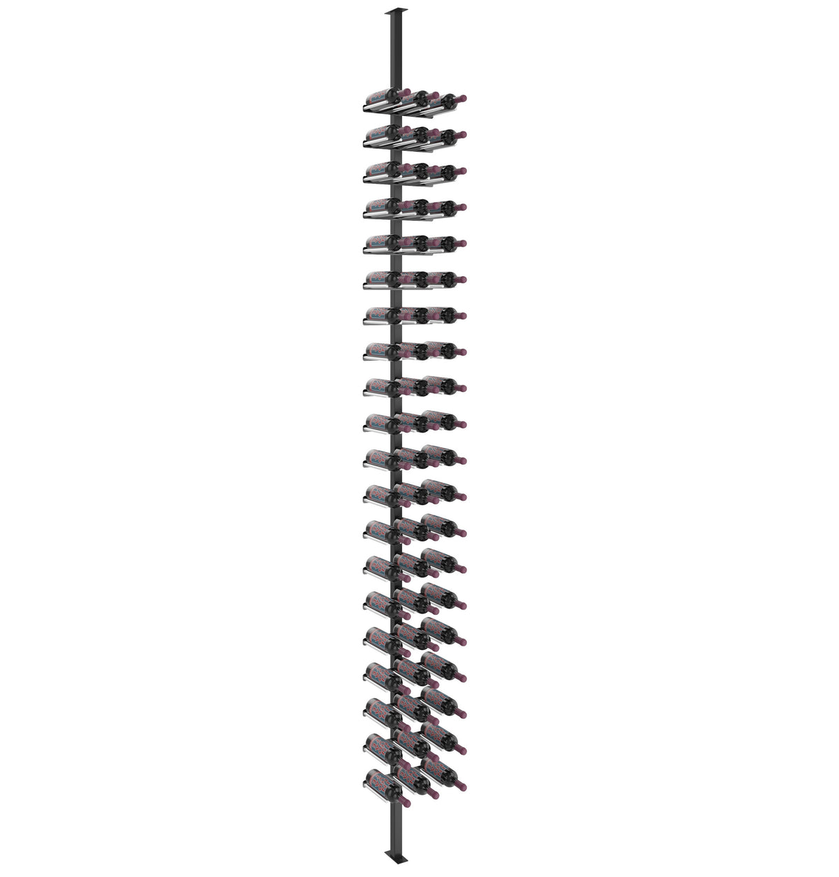 Single-sided wine rail post kit with dark rail and expanded vertical row of bottle holders