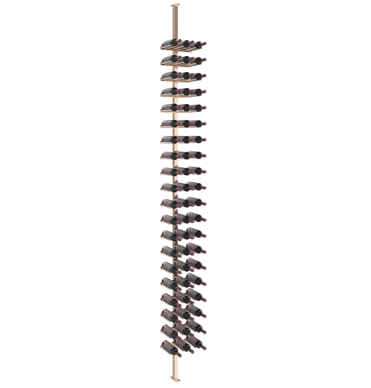 Single-sided wine bottle rail system with gold-toned post and bottle holders