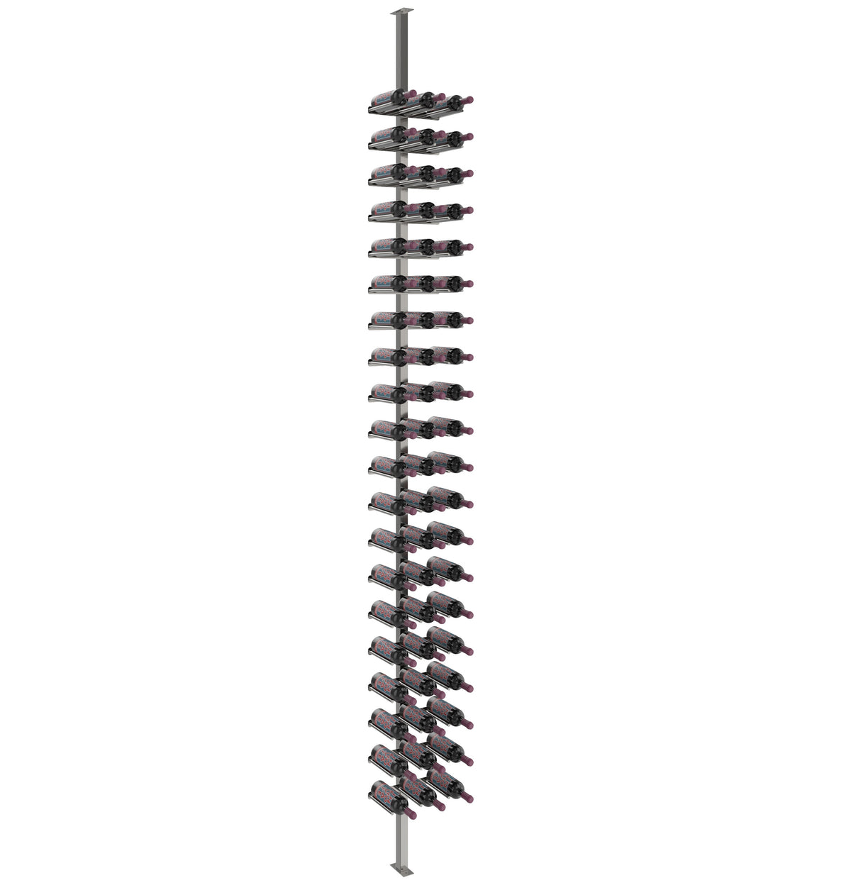Single-sided wine rail post kit with gray rail and full vertical row of bottle holders