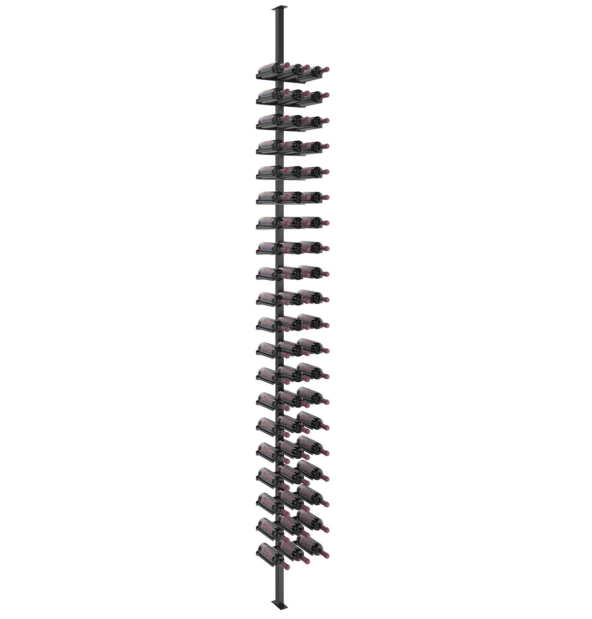 Single-sided wine bottle rail system with gray metal post and bottle holders