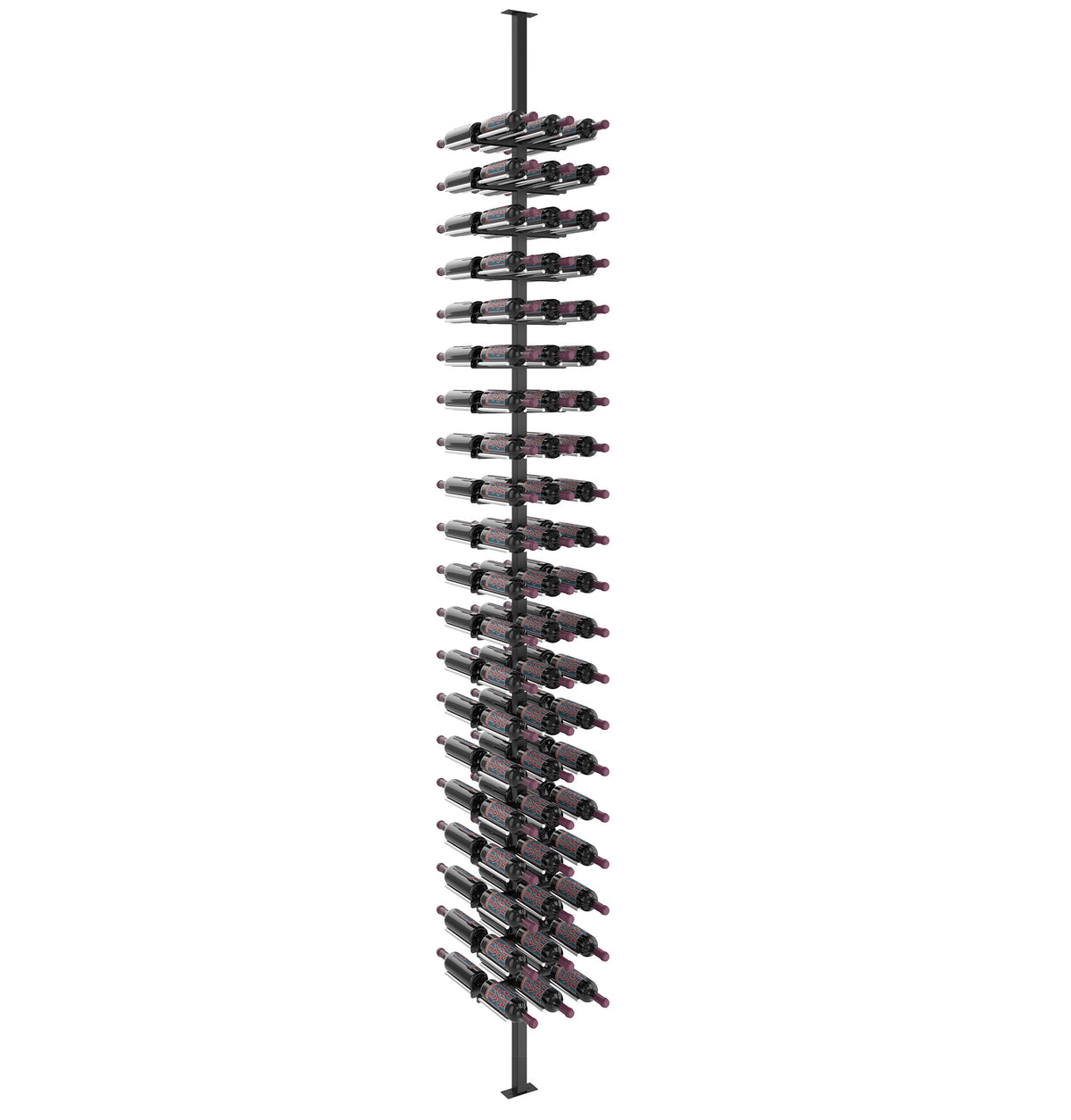 Double-sided wine bottle rack with matte black post, rails, and bottle holders