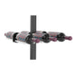 Double-sided wine rail with bottles nestled in dark cradles on a gunmetal post
