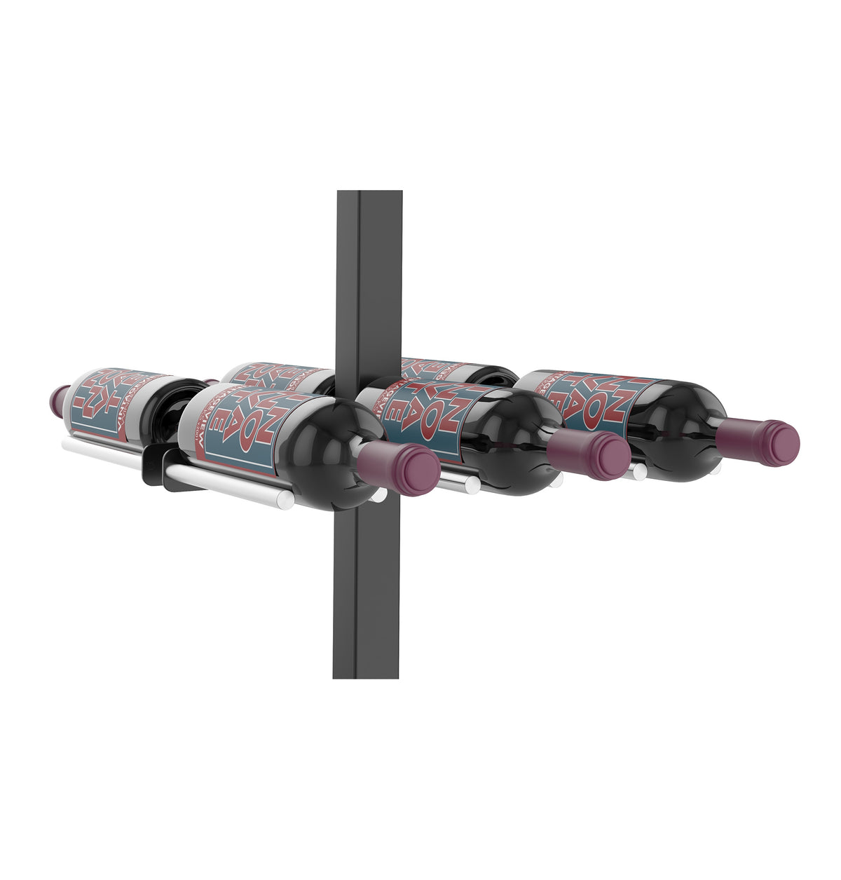 Double-sided wine rail with bottles nestled in dark cradles on a gunmetal post