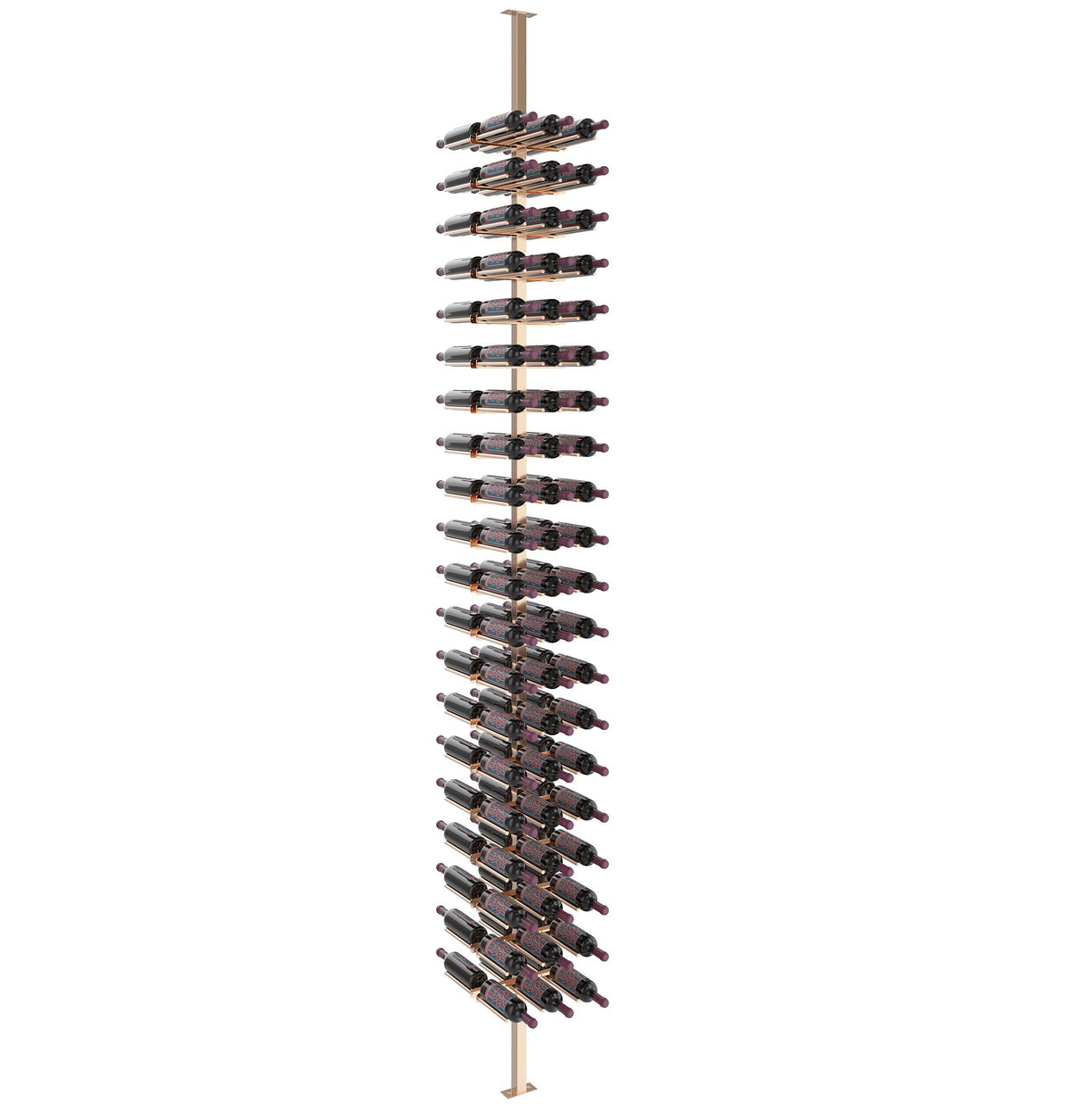 Double-sided wine bottle rack with golden bronze post, rails, and bottle holders