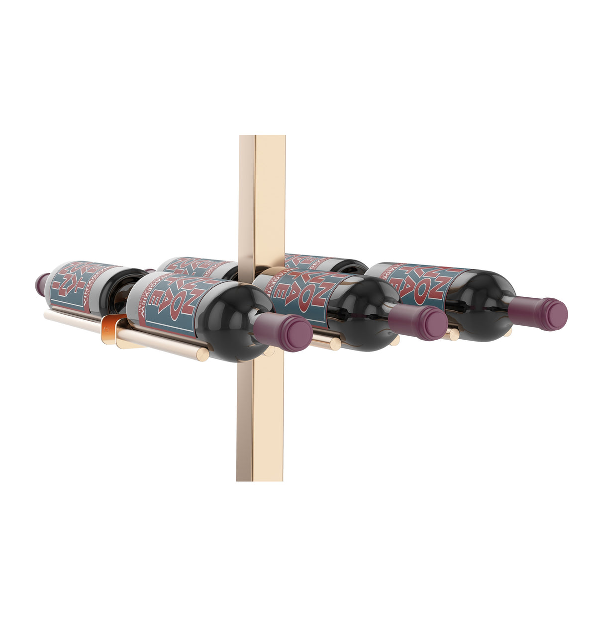 Double-sided wine rack post kit with matte black rails on light wood post holding two bottles