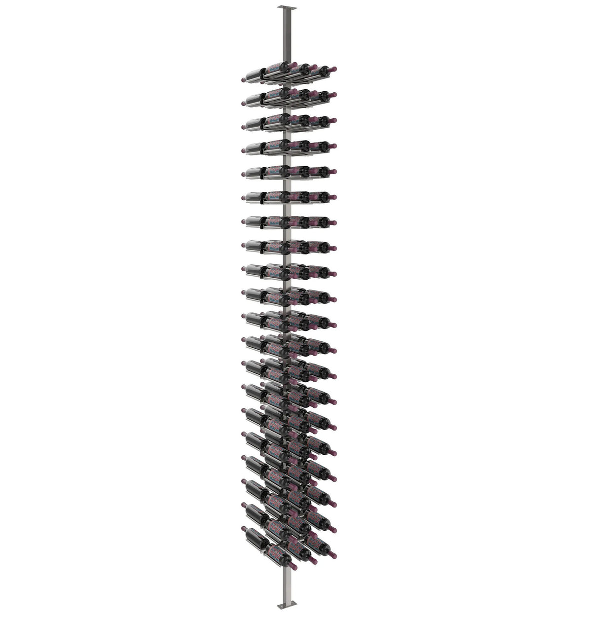 Double-sided standing wine bottle rack with black post and two-sided bottle holders