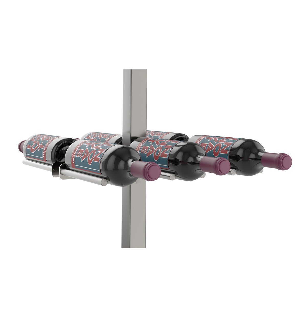 Double-sided bottle holder bar with black rails holding wine bottles with purple corks