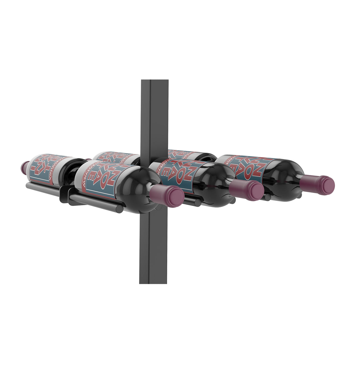 Double-sided bottle rack on a dark post with four wine bottles arranged in line