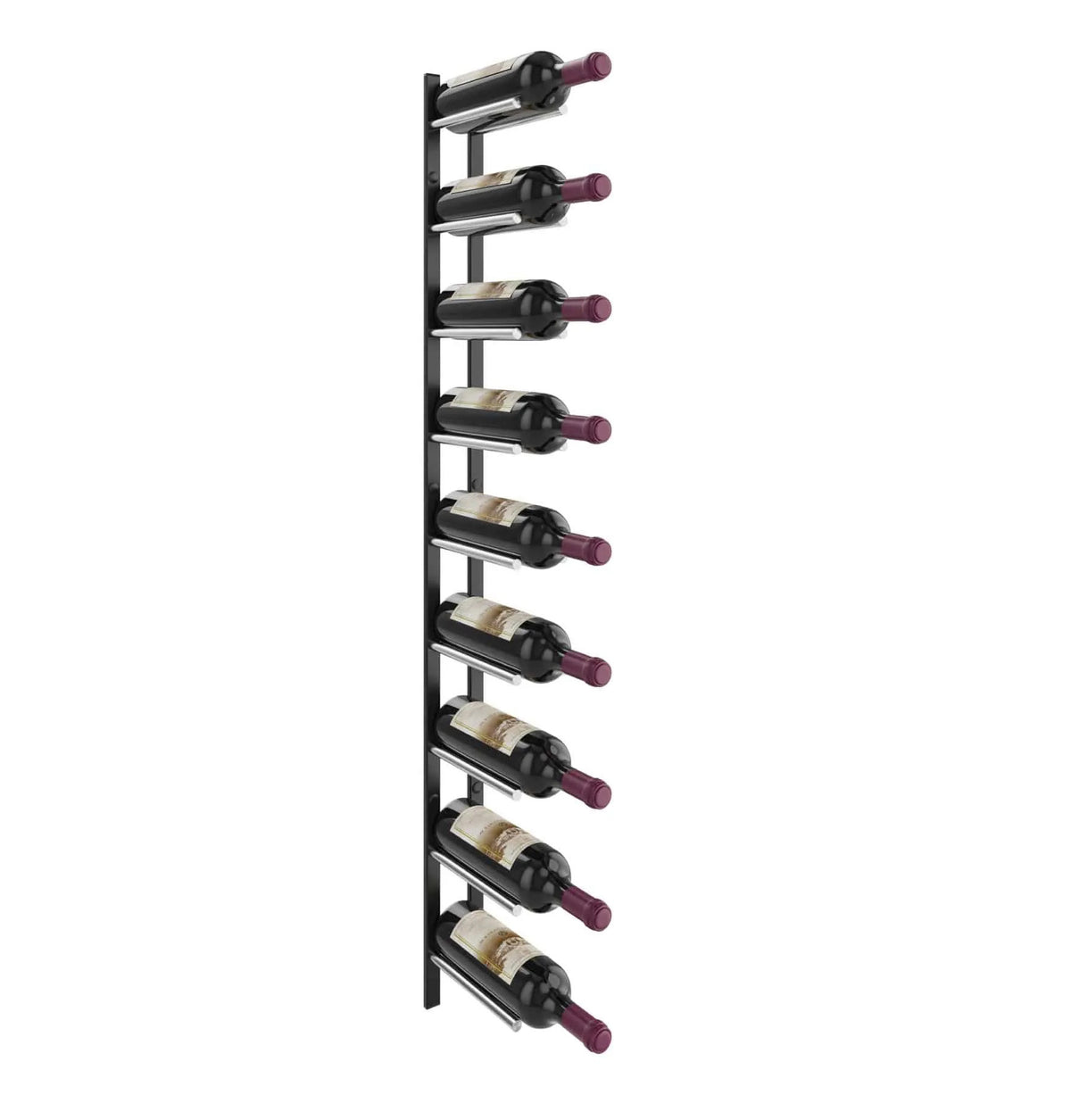 Wine bottle rail rack with 9 slots, matte black frame and black bottle cradles