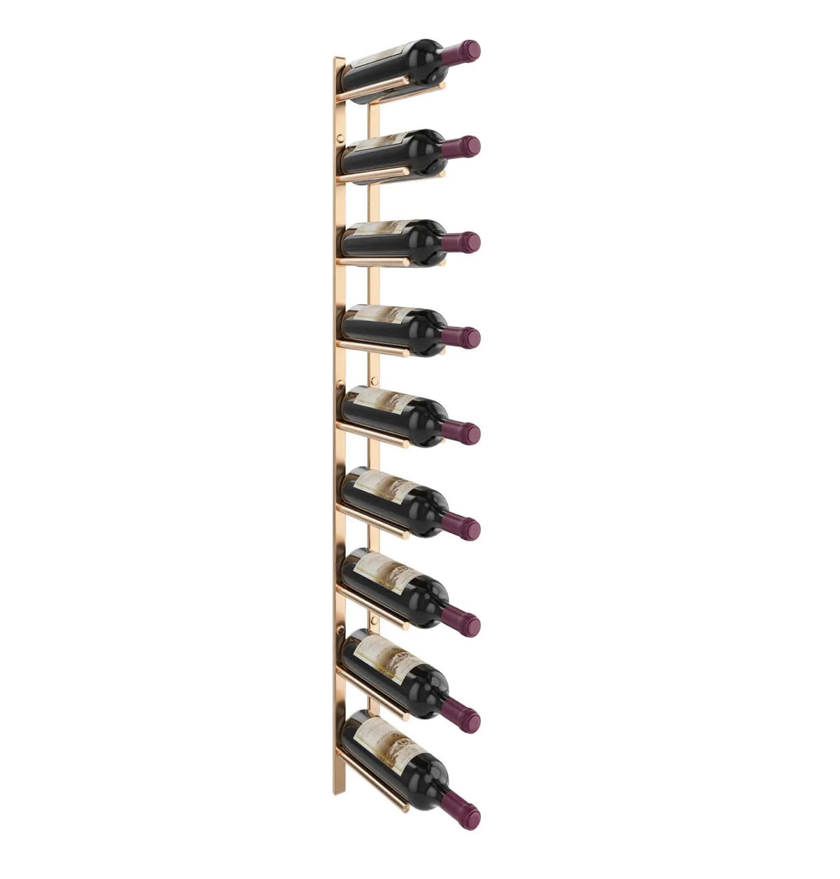 Wine bottle rail rack with 9 slots, light wood frame and bronze-toned bottle rails