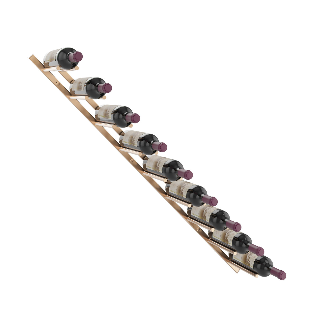 Wine bottle rail rack with 9 slots, light wood frame and silver rails for angled bottles