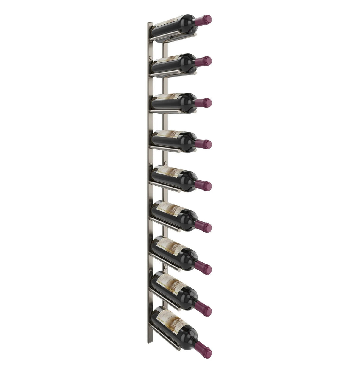 Wine bottle rail rack with 9 slots, dark gray frame and black cradles for bottles