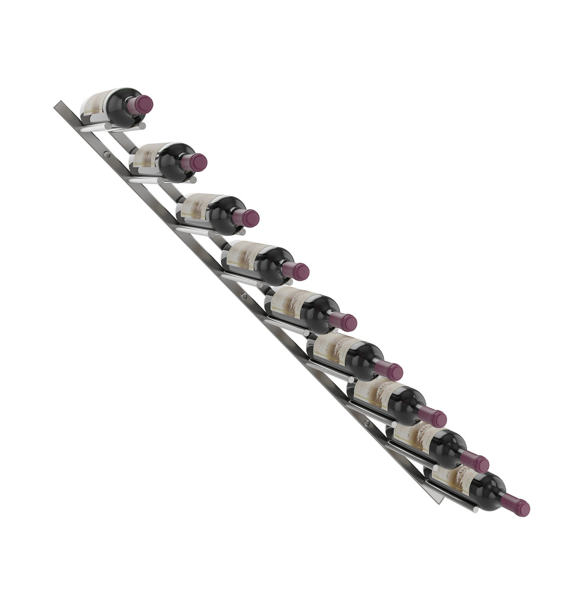 Wine bottle rail rack with 9 slots, dark angled rack and bottle cradles on rails