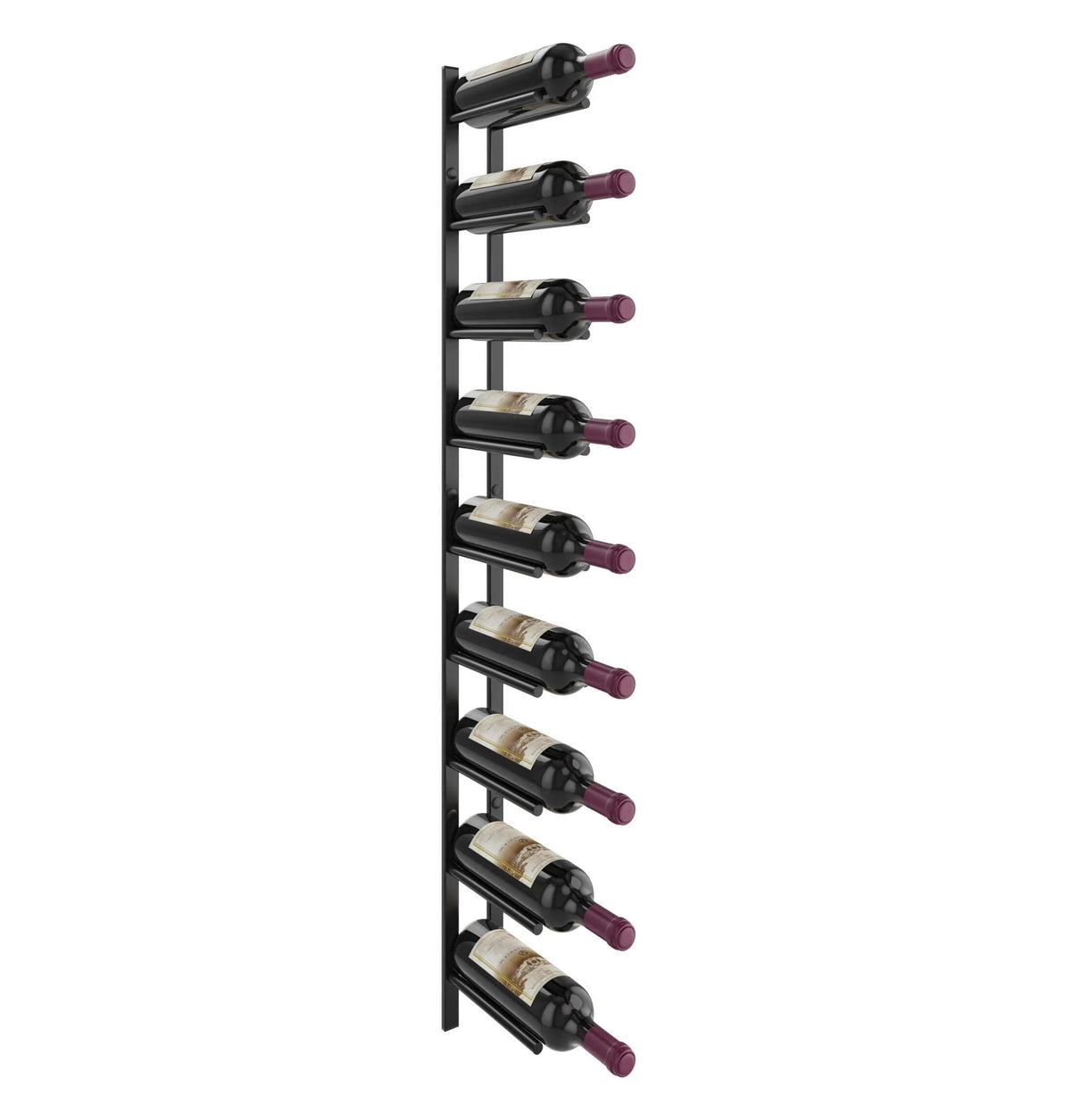 Wine bottle rail rack with 9 slots, black frame with bottle cradles holding wine bottles
