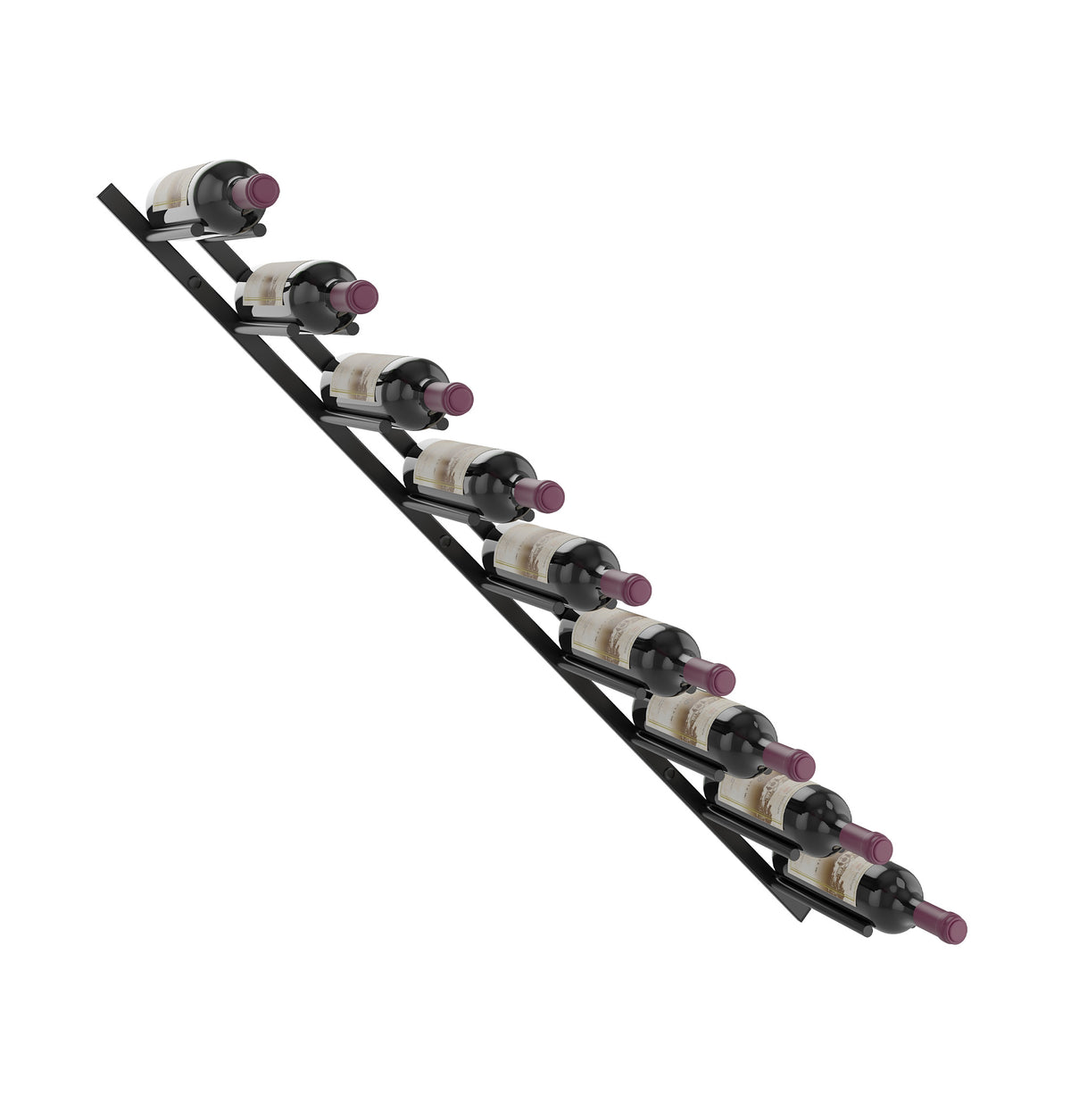 Wine bottle rail rack with 9 slots, dark angled rack with bottle cradles and rails