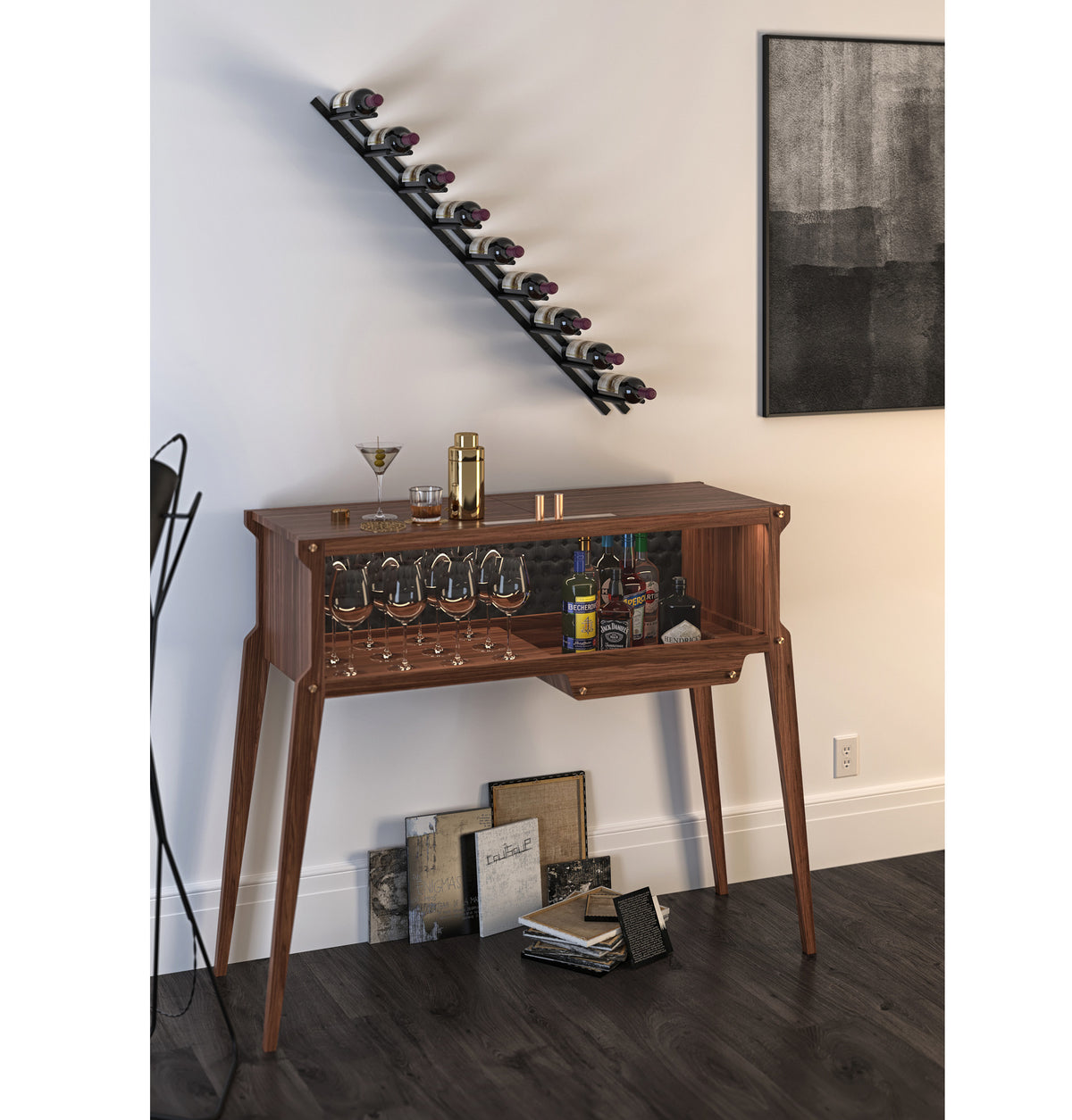 9-bottle wall wine rail rack with dark gray bottle rails above a bar