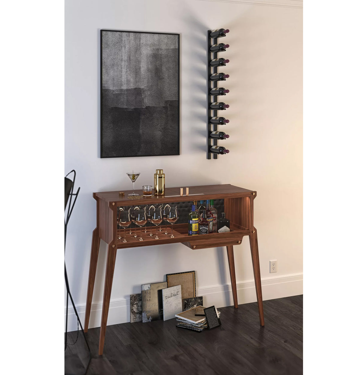 9-bottle wall wine rail rack with dark gray rails holding wine bottles