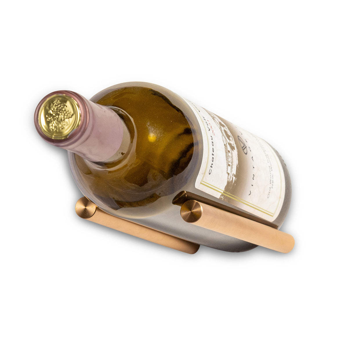 Wine bottle rail wall mount holding a bottle, golden bronze cradle with tan insert