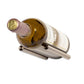 Wine bottle rail wall mount holding a bottle, bronze-toned supports on dark metal rail