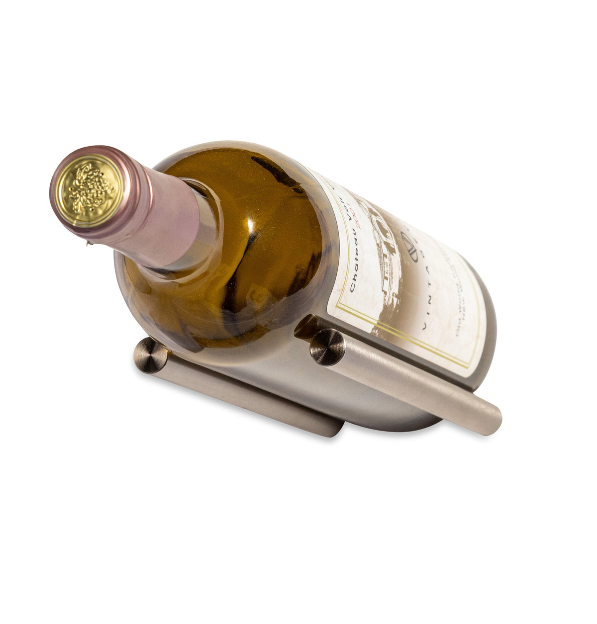 Wine bottle rail wall mount holding a bottle, bronze-toned supports on dark metal rail