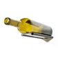 Wine bottle rail holder holding a yellow glass bottle on two metal bars