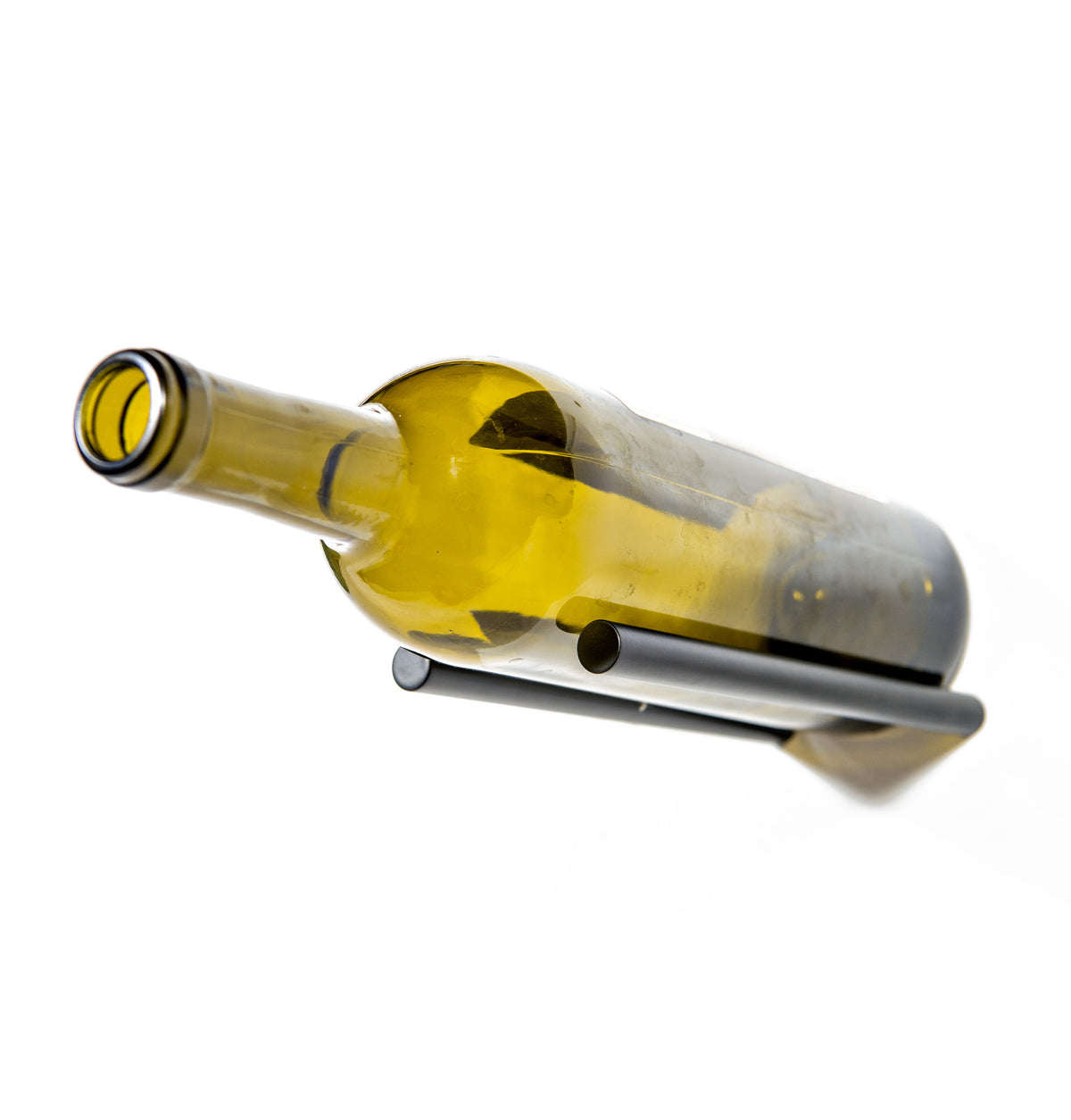 Wine bottle rail holder holding a yellow glass bottle on two metal bars