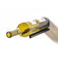 Wine bottle rail holder holding a yellow glass bottle with two metal bars