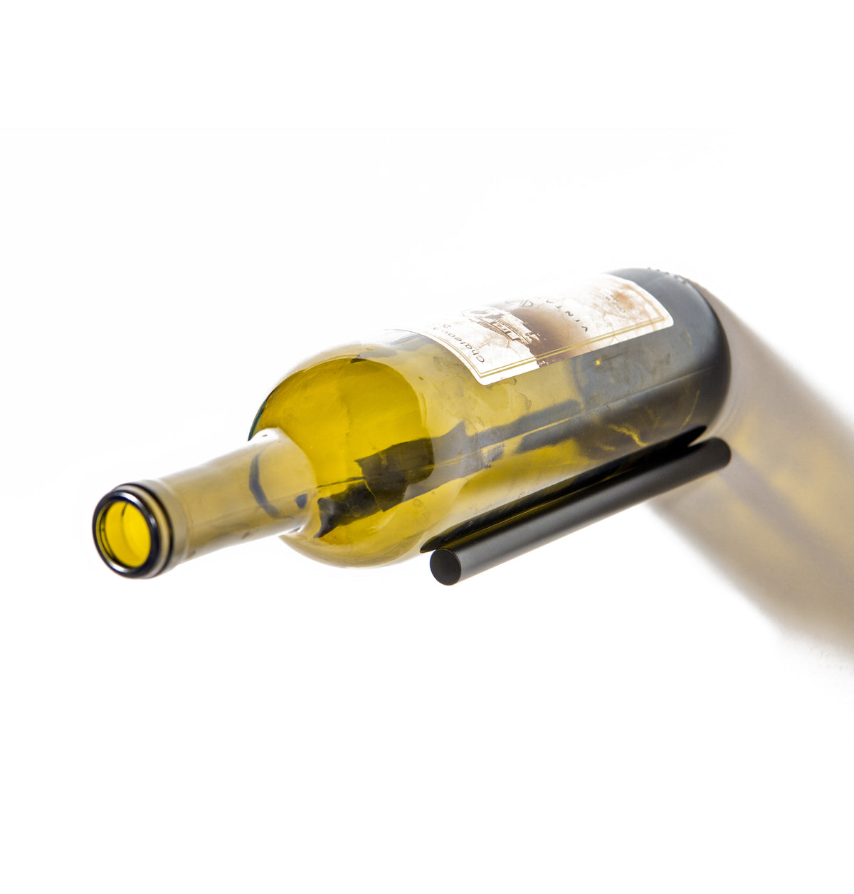 Wine bottle rail holder holding a yellow glass bottle with two metal bars
