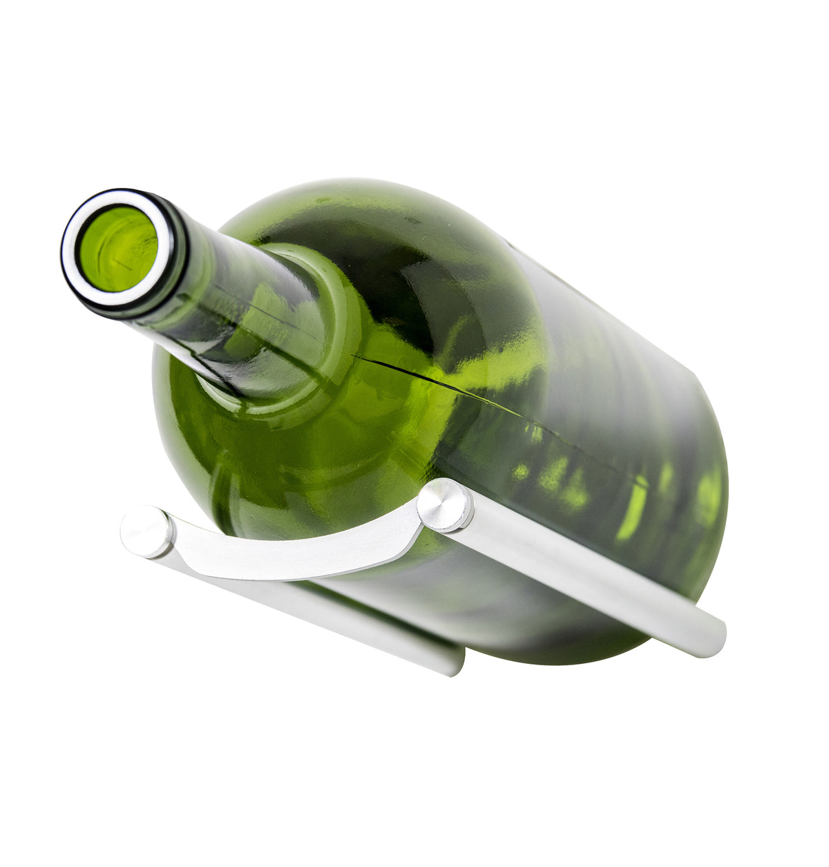 White-silver wine bottle rail holder holding a green magnum bottle