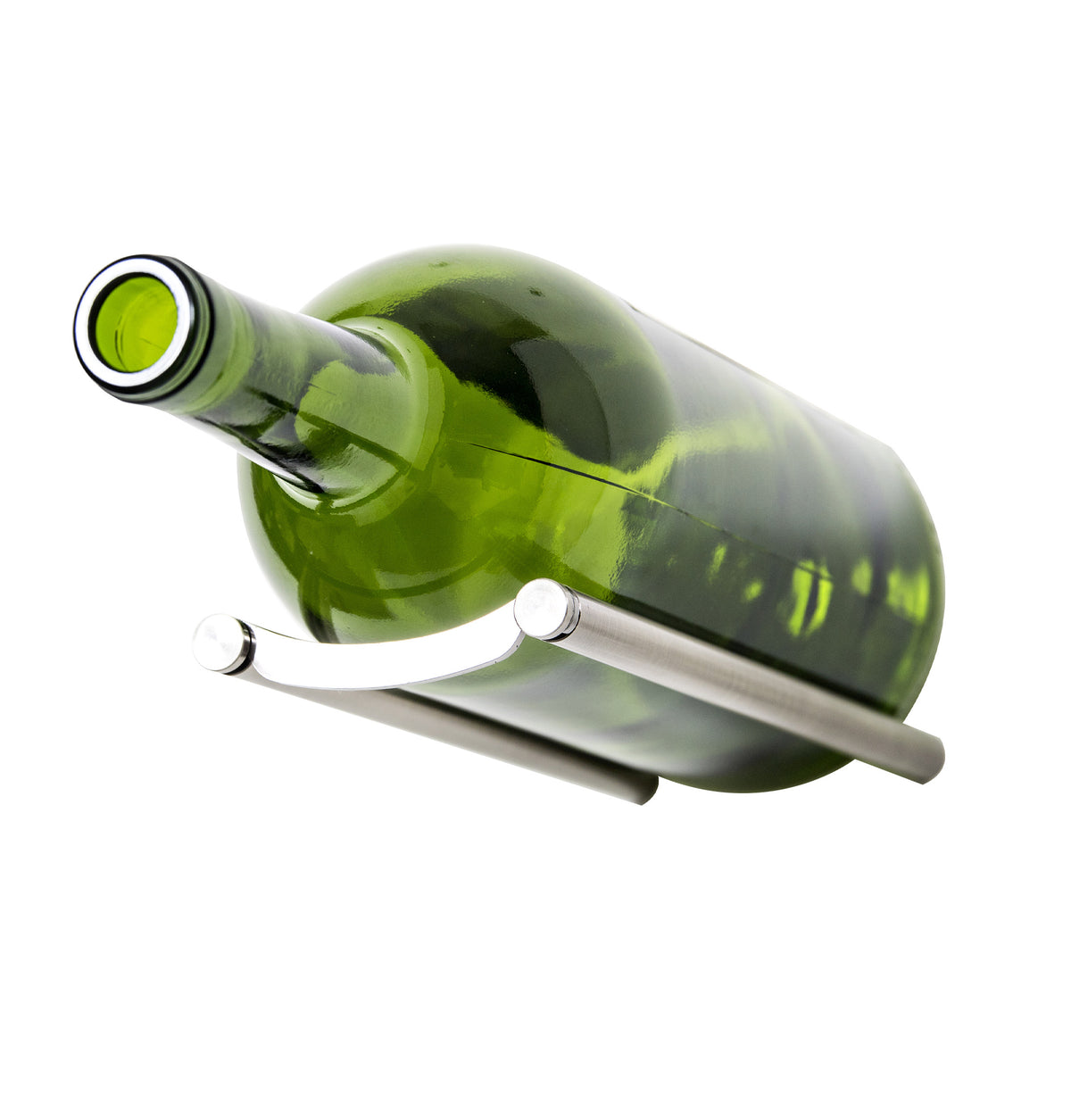 Silver wine bottle rail holder with a green magnum bottle