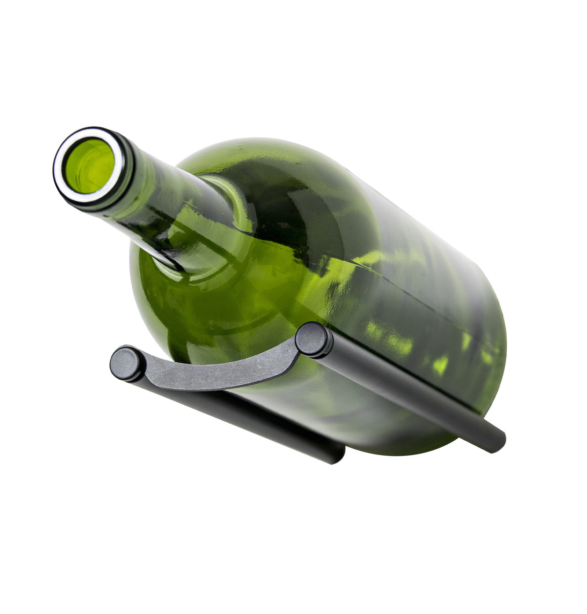 Gunmetal wine bottle rail holder holding a green magnum bottle