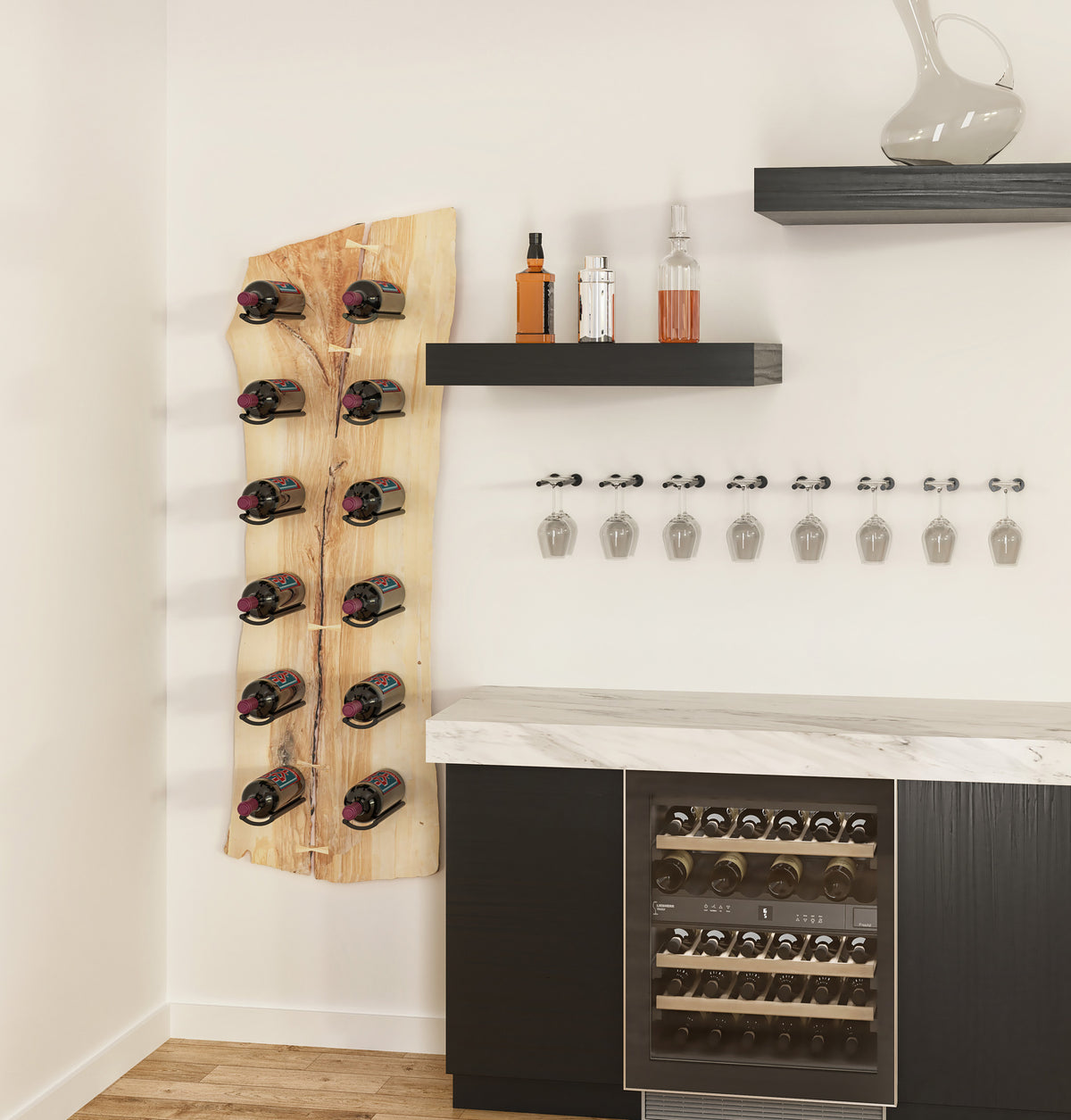 Wine rail display wall with bottle holders and empty glass storage rack