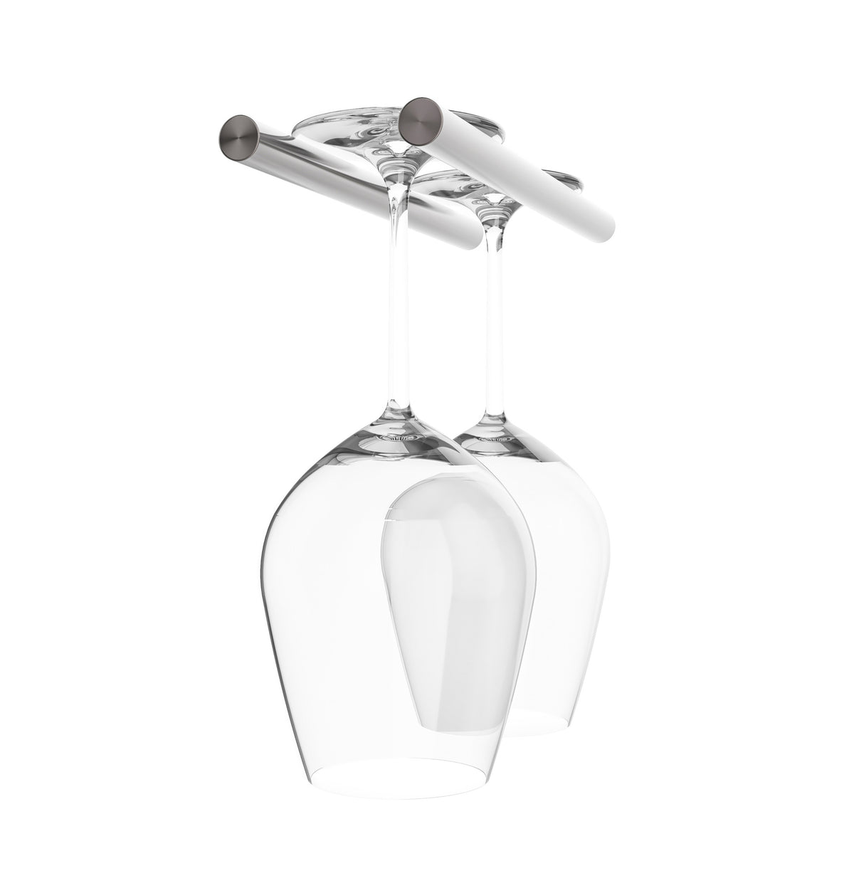 Two-glass stemware rack with clear goblet and gunmetal dark mounting bar