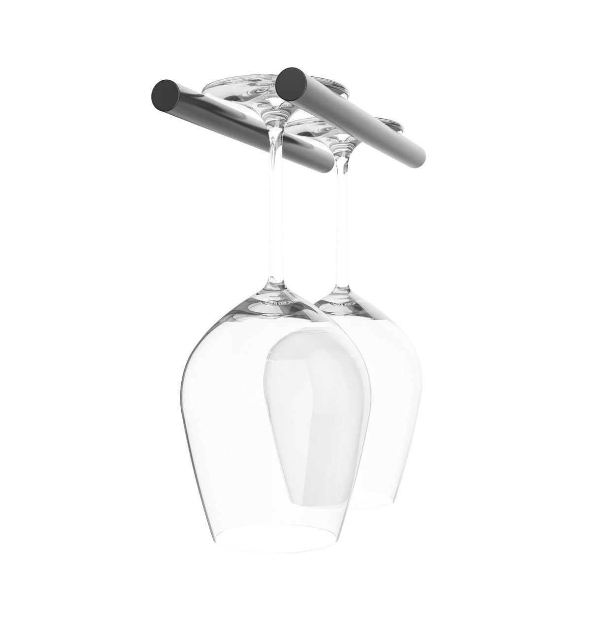 Two-glass stemware rack with clear goblet and dark gunmetal mounting bar