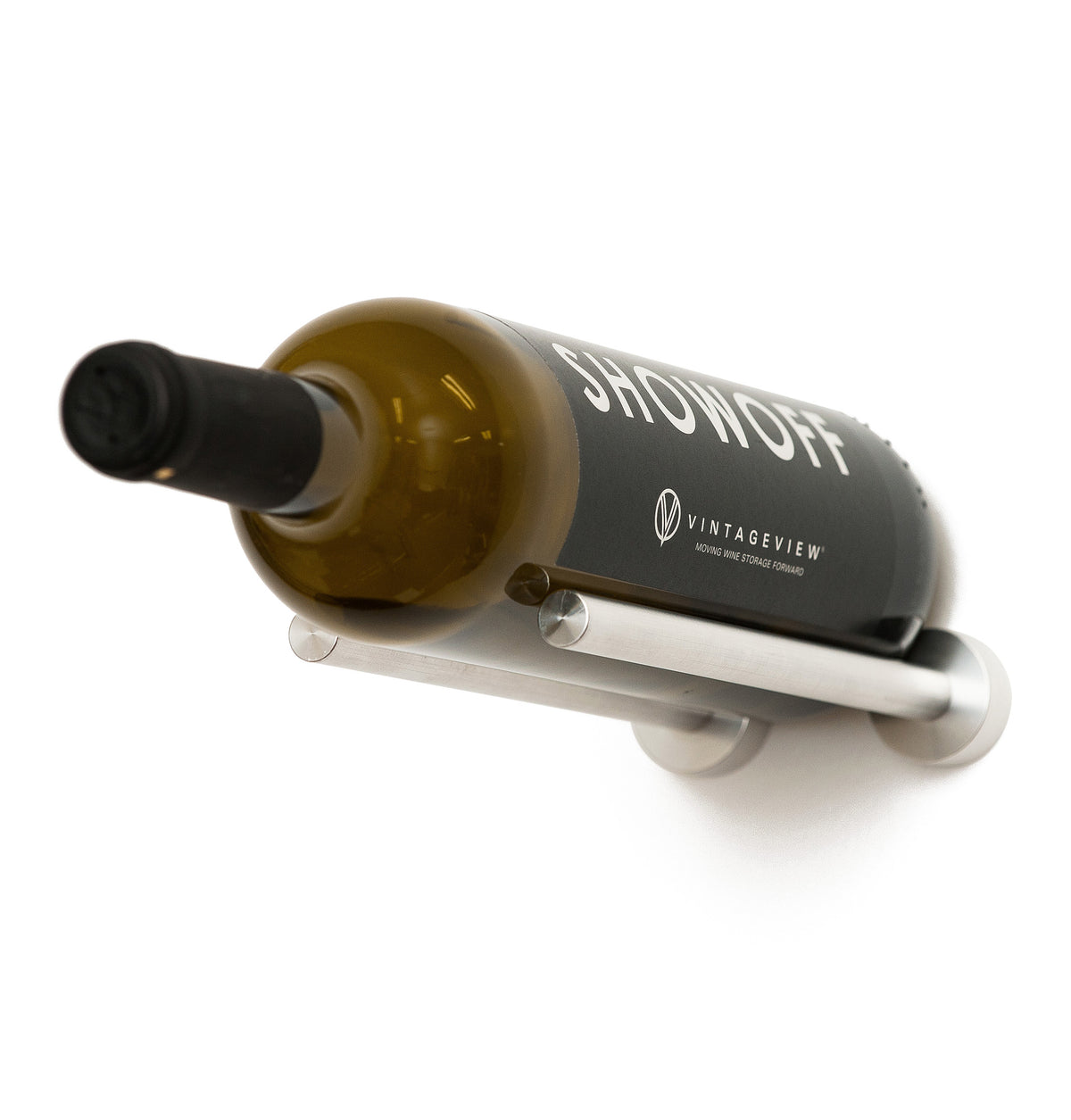 Wine bottle rail holding a bottle on a chrome-like bar with round end caps
