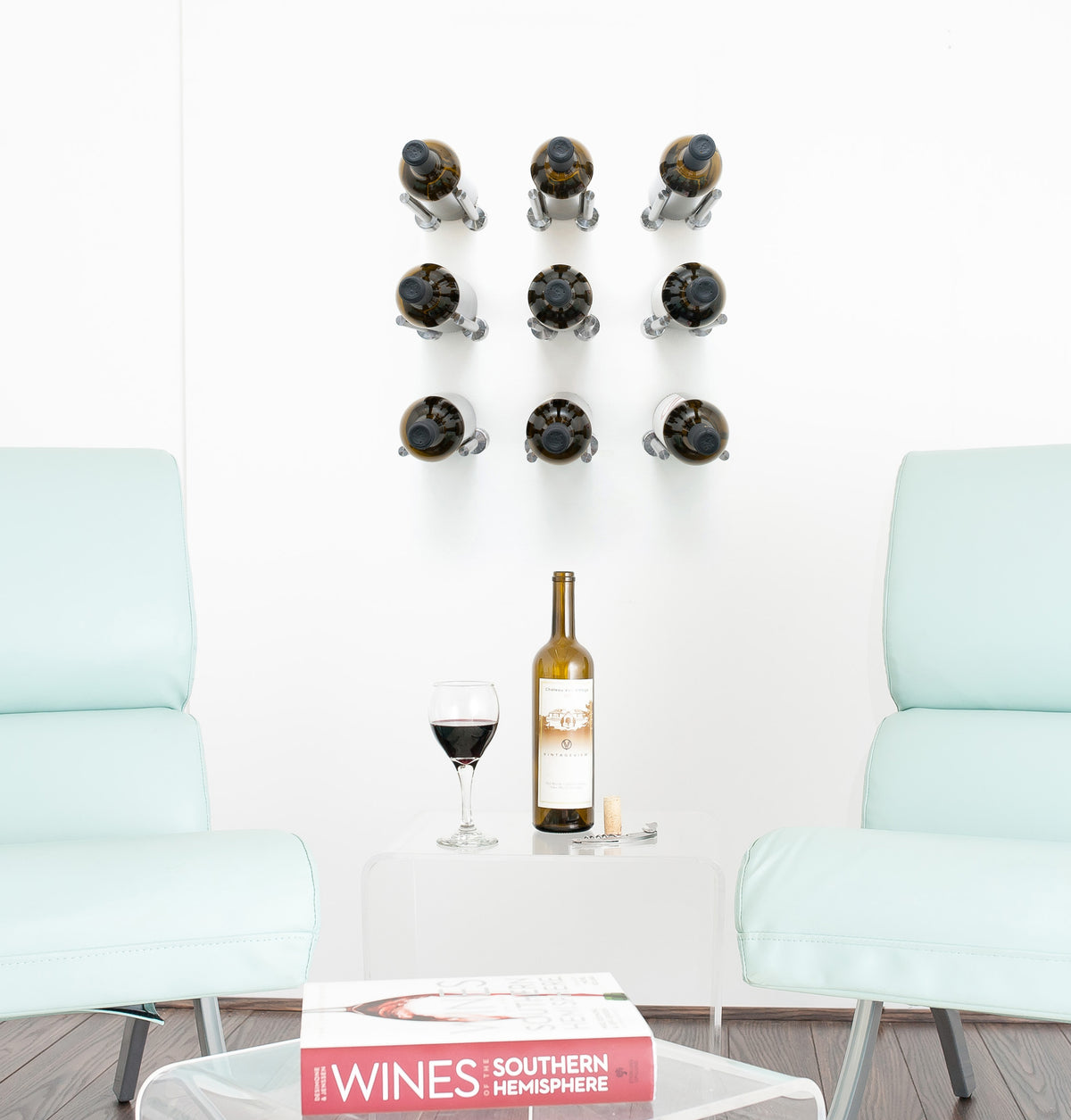 Wine bottle rail with multiple bottle slots and mounting screws, wall display