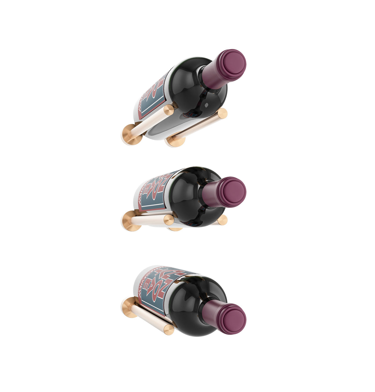 3x1 wine rail with three angled bottle holders, black finish, and purple bottle caps