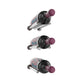 Angled 3x1 wine bottle rail with black metal and three purple-capped bottle holders