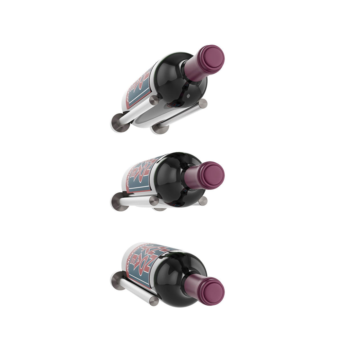 Angled 3x1 wine bottle rail with black metal and three purple-capped bottle holders